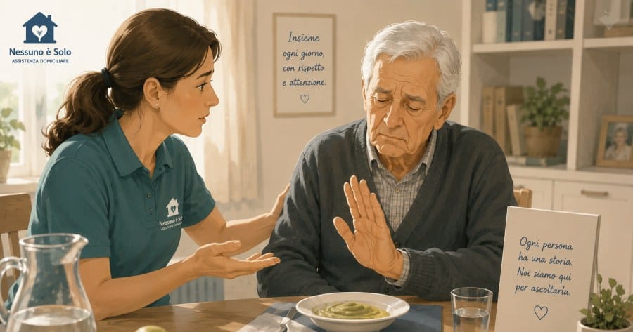 Un anziano che si rifiuta di mangiare con la sua assistente