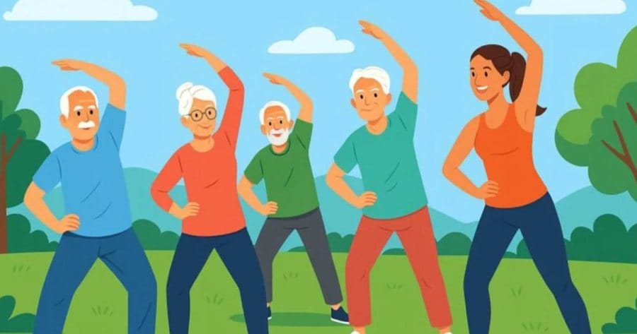 Un gruppo di anziani che fa ginnastica all'aria aperta.