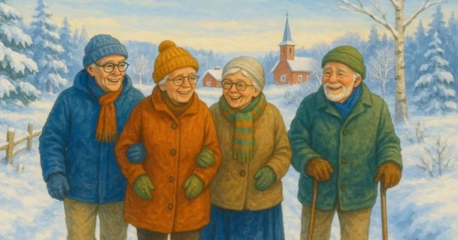 Un gruppo di anziani che fa una passeggiata sulla neve.