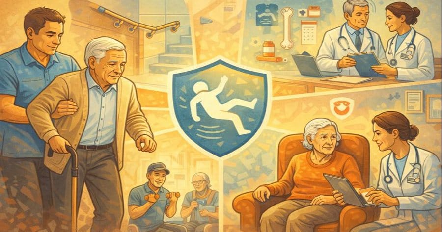 Anziani che prendono una caduta in casa e che parlano con i loro assistenti domiciliari per prevenire altre cadute.