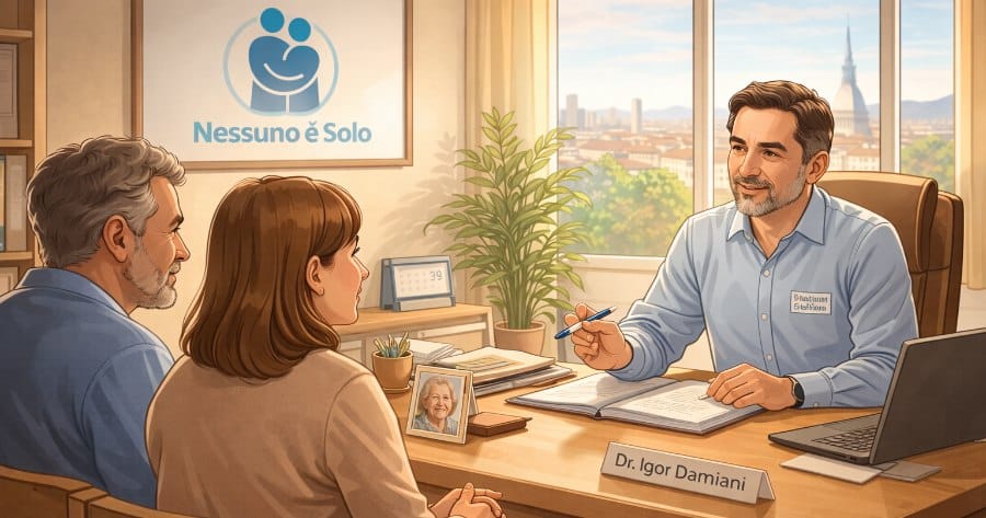 Figli di un anziano in ufficio che parlano con il titolare di Nessuno è solo per assistenza anziani