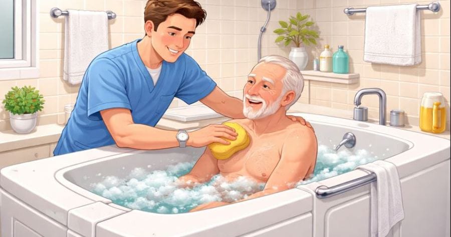 Oss che fa il bagno a un anziano in vasca.