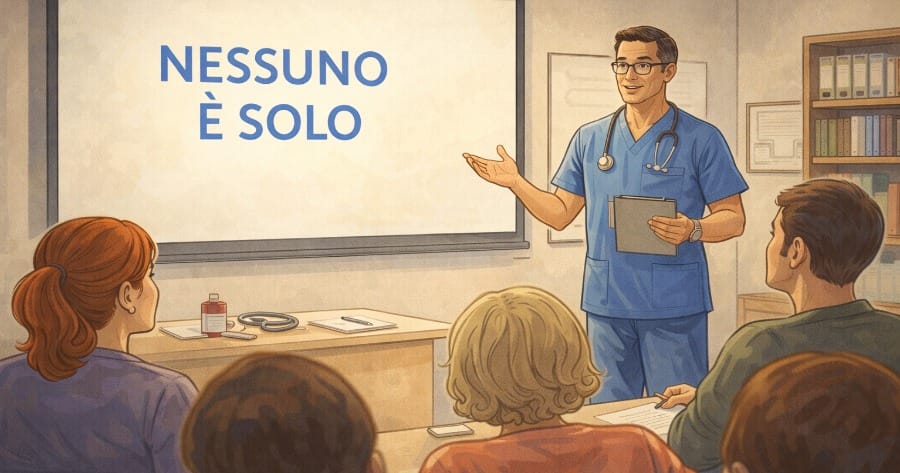 Formatore, infermiere, in aula durante corso di formazione per assistente familiare