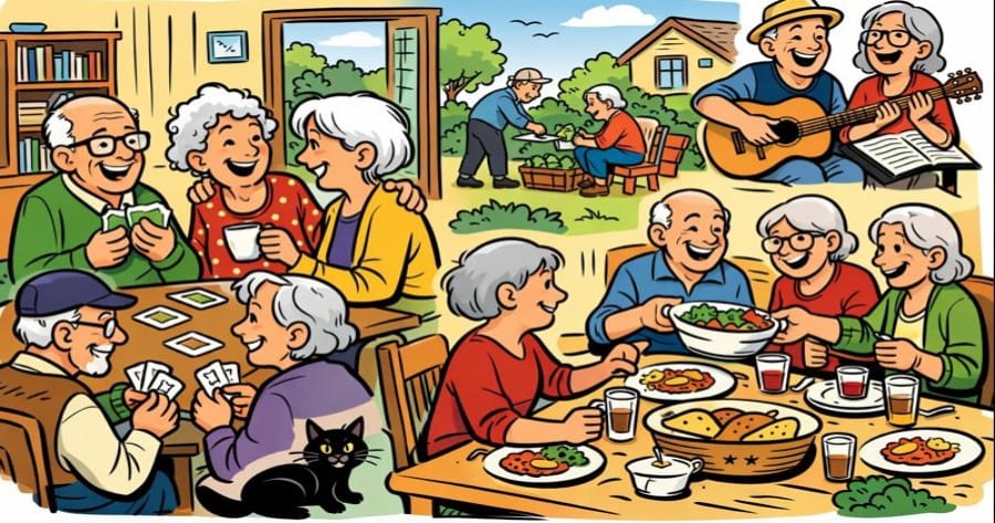 Anziani che vivono in cohousing che si divertono, mangiano, stanno in compagnia.