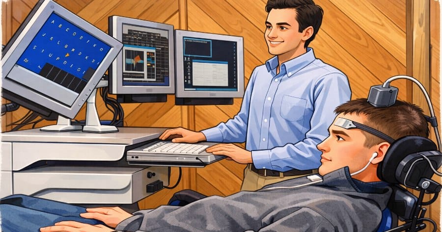 Assistente che aiuta un ragazzo affetto da SLA a comunicare attraverso un pc