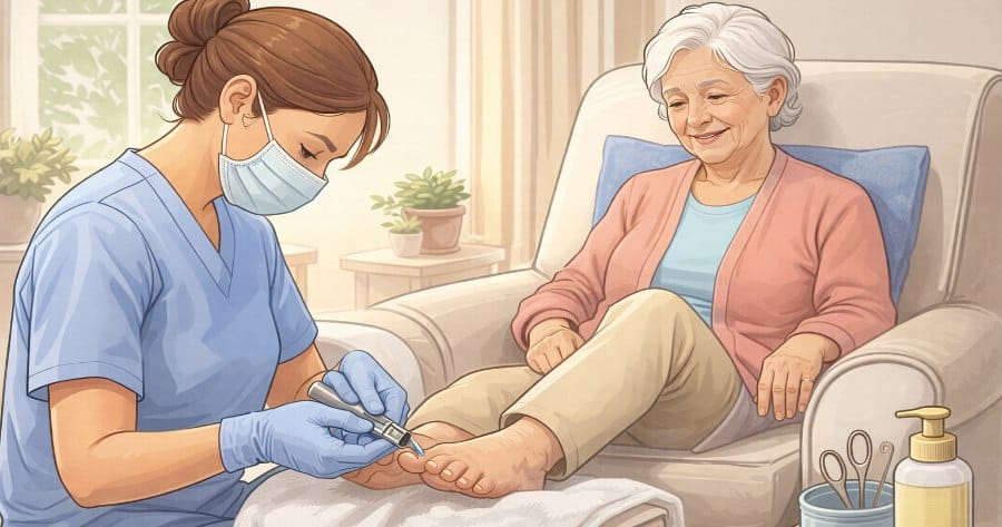 Assistente domiciliare con mascherina che fa la pedicure a una persona anziana.