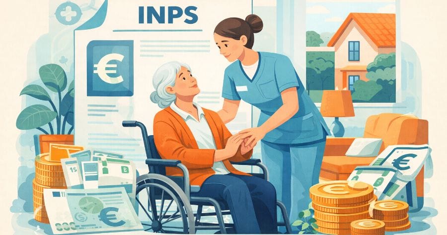 Una assistente che aiuta una signora anziana in sedia a rotelle