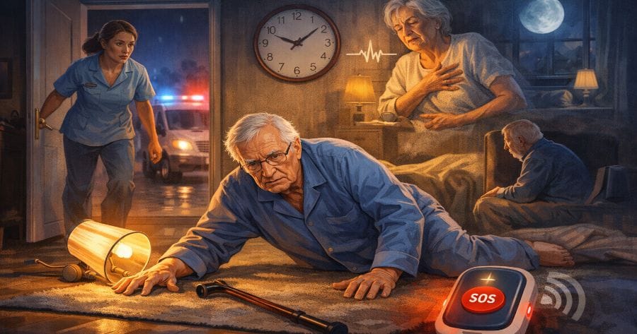 Anziano da solo in casa di notte che cade a terra