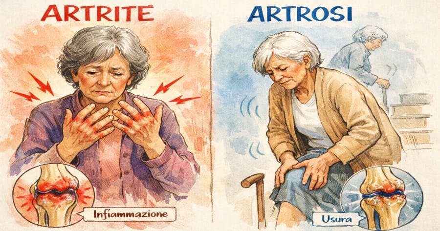 Donna a sinistra con artrite, donna a destra con artrosi