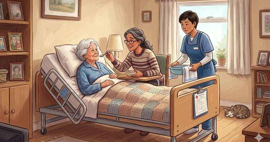 Signora anziana in un letto ospedaliero mentre le danno da mangiare