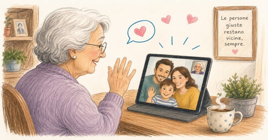 Donna anziana fa una videochiamata con figli e nipotino.