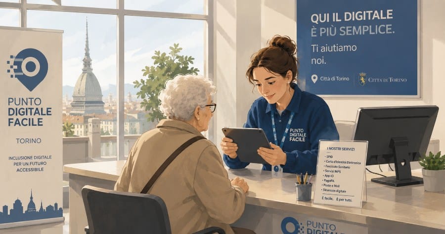 Sportello digitale a Torino, operatrice aiuta una signora anziana.