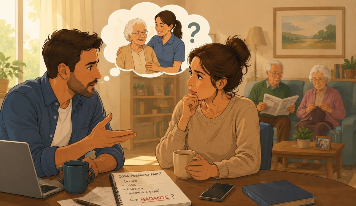 Figli che iniziano a conversare sulla necessità di assistenza domiciliare per i genitori anziani.