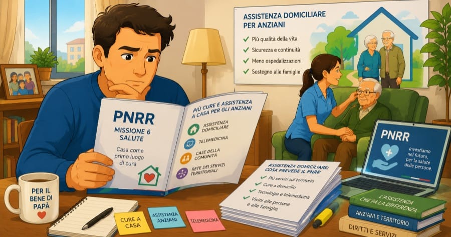 Ragazzo e figli di un anziano legge il pnrr e le novità per l'assistenza anziani.
