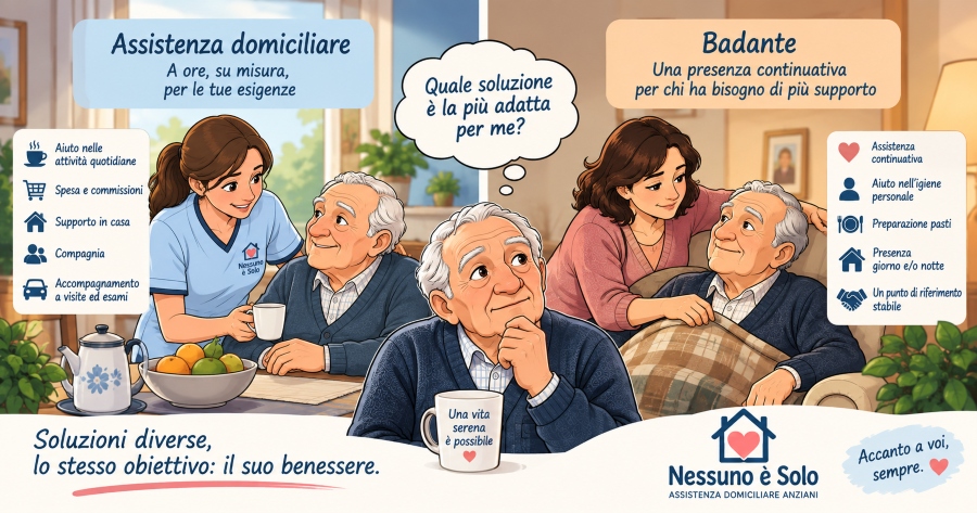 Un uomo anziano pensa alla differenza tra assistenza domiciliare e badante.